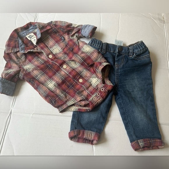 2pc OshKosh B'gosh Plaid One Piece Bodysuit Romper & Pants Outfit - Picture 1 of 7
